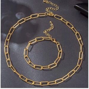 Gold Plated Stainless Steel Paperclip Chain Necklace and Bracelet Jewelry Set
